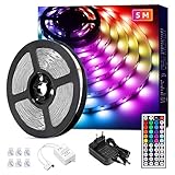 Lepro LED Strip 5M RGB Set, 5050 SMD 150 LEDs Streifen, 12V, LED Band Selbstklebend, Flexibel LED Lichtband, LED Lichterkette IP20, Bunt LED Leiste Kette Dimmbar, Netzteil und Controller enthalten