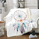 Loussiesd Traumfänger Sherpa Decke Boho Traumfänger Überwurf Decke Bohemian Stil Fleece Decke für Couch Bett Sofa Frauen Schlafzimmer Dekor Blumen Hippie Feder Flauschige Decke Single 127 x 152,4 cm