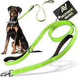 AVANA Hundeleine mit integriertem Kurzführer reflektierende Leine | 2 handschonende gepolsterte Handschlaufen | 1,5 Meter Führleine für große und mittelgroße Hunde - Neongrün