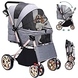 YITAHOME Faltbarer Hundebuggy für Hunde, Haustierbuggy mit umkehrbarem Griff, Netzfenstern, Getränkehalter, 360° drehbare EVA-Räder mit Bremsen (Grau)