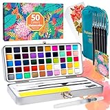 ANYUKE Aquarellfarben Wasserfarben Set 50 Farben in Tragbarer Box, Tuschkasten Inklusive Klassische Metallic Makaron Fluoreszenzfarben Aquarellpapier Pinsel & Zeichnung Werkzeuge Ideal für Künstler