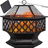 Gardebruk® Feuerschale mit Funkenschutz Schürhaken Abdeckung 70cm Eckig Antik Schwarz Terrasse Garten Feuerstelle Feuerkorb Kamin Ofen Holz Grill