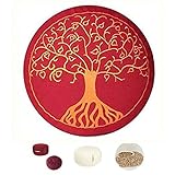 maylow - Yoga mit Herz ® Yogakissen Meditationskissen mit Stickerei ' Baum des Lebens ' Bezug und Inlett 100% Baumwolle mit Dinkelspelz gefüllt (buddhistisch rot mit Kordelzug)