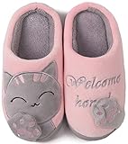 ChayChax Nette Winter Baumwolle Hausschuhe Warme Plüsch Pantoffeln Schlappen Weiche rutschfeste Indoor Hause Slipper mit Cartoon Katze für Herren Damen Kinder, Pink Grau, 31/32 EU =Hersteller 32/33