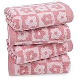 Jacquotha Baumwoll-Handtücher, rosa Kariertes Blumenmuster, schnell trocknend, für Frauen, Mädchen, Ehefrau, Mutter, Töchter, 73,7 x 33 cm, 4 Stück