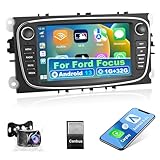 Podofo Android 13 Autoradio für Ford Focus mk2 Mondeo Cmax Galaxy Smax Kuga mit Wireless Apple Carplay/Android Auto,7 Zoll Touchscreen Bluetooth/Navi/SWC/WiFi/Mirror Link/FM/RDS/HiFi+Rückfahrkamera