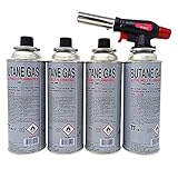 Gasbrenner mit 4x227g Gaskartusche – Lötlampe mit Piezozündung – Flambierbrenner Butan 1300°C – Küchenbrenner für Crème Brûlée – Campingbrenner Schweißbrenner – Bunsenbrenner Flambiergerät