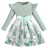 Pilipulu Mädchen Kleid Blumen Bowknot Langarm Kinder Kleider Rüschenärmel A-Linie Kleid Rundhals Minze 122