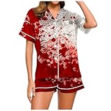 Generisch Halloween Pyjama Schlafanzug Damen Kurz Satin Pyjama mit Knöpfe Frauen Kurzarm Shorty Nachtwäsche Sommer Pjs Sets Hausanzug