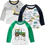 SUPFANS Langarmshirts für Kleinkinder, Jungen, 100 % Baumwolle, Dinosaurier, Bagger, Polizeiauto-T-Shirts, 3er-Pack, Setzen Sie einen, 4 Jahre