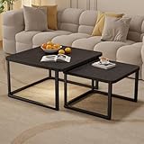 Hawthyhome 2 Stücke quadratisch Set rund, Couchtisch aus Holz mit Metallrahmen,Moderne Kaffeetische Satztische für Wohnzimmer Schlafzimmer Schwarz