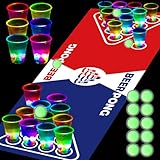meishuneu Glowing Pong Table Mat Set with Flashing Cups & LED Balls - 180x58 cm Indoor/Outdoor Beer Pong Game for Adults - Party Festival Drinking Games