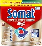 Somat Excellence Premium 5-in-1 Caps (75 Caps), Fast-Resolving Dishwasher Tablets with Extra Boost Even in Low Temperature, Short & Eco Programs, Removes Even 72 Hours of Dried Food Leftovers