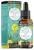 Omega-3 Algenöl PLUS - 40% DHA und 20% EPA mit Vitamin D3 + K2 + E - Himbeer, Zitrone und Rosmarinextrakt - Vegan (20ml = 4 Monats-Vorrat)