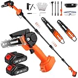 Mini Kettensäge mit 6 und 8 zoll Kette, Hochentaster Elektrisch, Teleskop Kettensäge Hochentaster mit 2 Akku 2000mAh und Ladegerät, Baumbeschneidungssäge Set für Gartenscheren Astschere Holzschneidenz