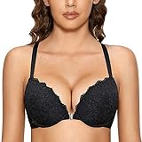 DOBREVA Damen Vorderverschluss BH mit Bügel Push Up Spitzen Neckholder BHS Racerback Tiefer Ausschnitt Gepolsterter Schwarz 80B