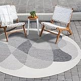 payé In- & Outdoor-Teppich - Grau Creme - 120x120cm Rund - Wendeteppich - Abstraktes Muster - Wetterbeständig für Balkon Terrasse - Indoor Teppiche Wohnzimmer Küche