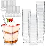 Zeawavsl 50 Stück Desserttasse mit 50 Stück Löffeln, 5OZ/160ML Plastik Desserttasse, Klare Dessertschalen, Dessertschalen Wiederverwendbar, für Mousse Pudding Eiscreme Dessert Party Picknick