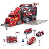 Rhybor Feuerwehrauto Groß Truck Autotransporter LKW Spielzeug 5 Mini Metall Auto Spielzeugset Feuerwehr Autos Spielzeug ab 2 3 4 5 Jahr Kinder