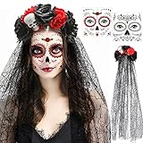 HOWAF Halloween Tag der Toten Haarreif und Schleier Gesicht Tattoos, Mexikanische Stirnband Rosen Totenkopf Kopfschmuck Haarband Frauen Damen Kostüm Accessoires