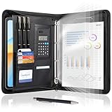 Leathario A4 Konferenzmappe, Schreibmappe mit Ringbuch，Reißverschluss,Ringbuchmappe Portfolio, Dokumentenmappe Aktenmappe Mappe Schreibblock Schwarz