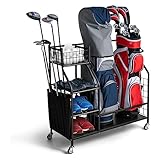 COSTWAY 4 in 1 Golf-Organizer, Golfschläger-Organizer mit Rollen, für 2 Golftaschen & Golf-Zubehör, Golftaschenregal mit Haken & Korb für Golfbälle & 3 Ablagen aus Metall, 95 x 40 x 94 cm