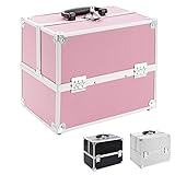 Arebos Kosmetikkoffer | 15L | 5 Fächer | Pink | Aluminium | inkl. Schloss & Schlüssel | 2 ausklappbare Etagen | Samteinlage | 32 x 27 x 22 cm | Pink
