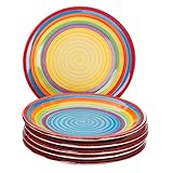 MamboCat 6-tlg. Kuchentellerset Ibiza kunterbunte Dessert-Teller Essteller klein Frühstücks-Buffet Servier-Platte rund Steingut-Geschirr Regenbogen Rainbow