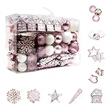 113 Stück Christbaumkugeln Set Weihnachtskugeln aus Kunststoff Rosa und Weiß Baumschmuck Weihnachtsbaum Deko & Christbaumschmuck in unterschiedlichen Größen und Designs Rosa und Weiß