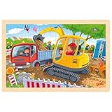 goki 57338 - Einlegepuzzle Bagger - 24 robuste Teile aus Holz - perfekt für kleine Baustellenfans