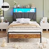 Brinlawb Bett 90x200 mit Lattenrost aus Metall, Bettgestell 90x200 cm mit LED Beleuchtung, Jugendbett 90x200 mit Kopfteil und Ladestation(2 AC-Steckdosen,2 USB-Anschlüsse) Modern Metallbett einzelbett