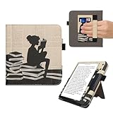 kwmobile Flip Cover kompatibel mit Kobo Kobo Libra Colour/Tolino Vision Color - Hülle mit Handschlaufe Lesende Frau Schwarz Beige
