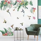 decalmile Wandtattoo Tropische Blätter Grüne Wandaufkleber Blumen Pflanzen Vögel Wandsticker Wohnzimmer Schlafzimmer Flur Wanddeko