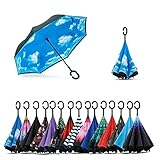 Jooayou Umdrehbarer Regenschirm mit 2 Flächen, C-förmiger Griff, rückseitig faltbarer Regenschirm, Anti-UV, winddicht, Reise-Regenschirm mit Tragetasche, damen, Himmelblau