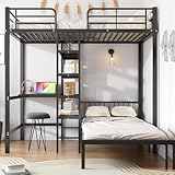 Gegtuon Etagenbett Kinderbett 90x200 cm, Bett mit Stauraum Bücherregal und Tisch, Hochbett Hausbett mit Leiter, Bettrahmen aus Metall mit Lattenrost und Rausfallschutz, Schwarz, ohne Matratze