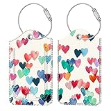 [2 Stück] Fintie Kofferanhänger mit Adressschild, Kunstleder Gepäckanhänger ID Etikett mit Edelstahl Drahtseil und Namenschild für Reisetasche Koffer, Herzregen