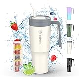 CS COSDDI Thermobecher mit Strohhalm, 40oz Kaffeebecher to go mit Stroh und Griff 1180ml Autobecher Becher Tumbler Thermobecher Doppelwandiger Edelstahl Auslaufsicher Isolierbecher (40oZ Beige)