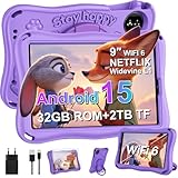 SUAAT Kinder Tablet 9 Zoll Android 15 Kids Tablet Octa Core,12(6+6) GB RAM + 32 GB ROM, 5G + 2,4G WiFi, GMS,Widevine L1,BT 5.0, 5000 MAh, AI,SD-Kartenunterstützung, Eva-Schutzhülle – Lila