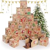 Simpeak 24 Stück Weihnachten Geschenkbox Befüllen Adventskalender, Kraftpapier Geschenktaschen Selbstbefüllen, Weihnachten Party Geschenkboxen Für Süßigkeiten Kekse, 7 * 7 * 7 CM