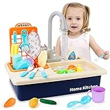 Mini Tudou Küchenspielzeug-Set mit funktionierendem Wasserhahn, Elektronische Spüle mit Neuem Wasserhahn, Rollenspielzeug-Set für Mädchen, Kleinkinder und Jungen (Blau)