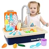 Mini Tudou Küchenspielzeugset mit funktionierendem Wasserhahn,Spülbecken-Spielzeug-Set Elektronisches mit neuem, Rollenspiel für Mädchen,Kleinkinder und Jungen(blau)