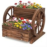 GOPLUS 2 Etagen Blumenkasten, Wagenrad Pflanzkübel mit Abflusslöchern, Hochbeet Holz, Blumenkübel Pflanzkasten Blumenständer Blumenbeet Pflanzkarre Outdoor, Gartendekoration für Balkon, Garten & Hof