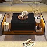 Lcoho 100x50x31cm Couchtisch,kaffetisch mit 1 Schublade und LED-Lichtleiste, Beistelltisch aus gehärtetem Glas,Hochglanz-Sofatisch,weißer Wohnzimmertisch im minimalistischen Design (schwarz)