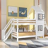 Gegtuon Kinderbett Etagenbett 90x200 cm, Bett Bettrahmen mit Treppe und Fenster, Hochbett Bettrahmen mit Lattenrost aus Holz und Rausfallschutz, Hausbett für 2 Kinder, ohne Matratze (Weiß)