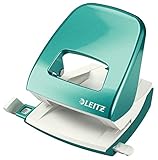 Leitz NeXXt WOW Bürolocher, Metall, geeignet für 30 Blatt, Anschlagschiene mit Formatvorgaben, Ergonomisches Design dank Griffmulde, Eisblau, 50081051