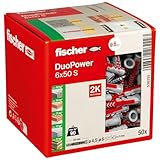 fischer DuoPower 6 x 50 S, Universaldübel mit Schraube, 2-Komponenten-Dübel, Kunststoffdübel zur Befestigung in Beton, Ziegeln, Stein, Gipskarton uvm., 50 Dübel + 50 Schrauben