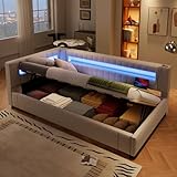 Zravenna Polsterbett Schlafsofa 90x200 cm, Bettgestell mit Stauraum & Holz Lattenrost, Tagesbett, Leinen, Ohne Matratze. (Beige A)