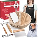 Jeensley Gärkörbchen Sauerteig Brotbacken Set mit Schürze Box verpackter runder Sauerteigbrot Gärkorb mit Broschüre, Liner und Brot Backen Zubehör, Handgefertigtes hochwertiges Sauerteig Starter Set