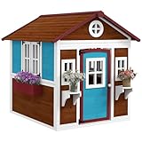Outsunny Kinderspielhaus aus Holz Spielhaus Outdoor mit Fenster, Blumenregal, Pflanzenkasten und Tür Gartenhaus für Kinder 3-8 Jahre Dunkelbraun