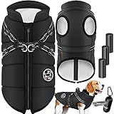 LOVPET® Hundejacke Hundemantel mit Geschirr, inkl. 45 Stück Kotbeutel + Spender, Hunde Winterweste gefüttert wasserdicht, Gepolsterte Weste Mit Brustgurt, Reflektoren, D-Ring XL, Schwarz